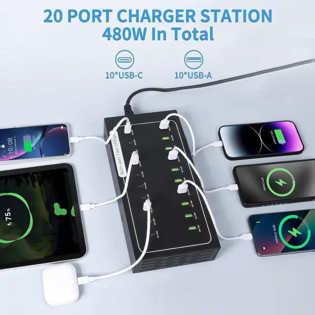 Alt view image 2 of 7 - 480W USB Charging Station 20 Port Fast Charging Station for Multiple Devices PD3.0/QC4.0 Multi-Protocol Smart Power Delivery & Overload Protection for iPhone iPad Tablet and More
