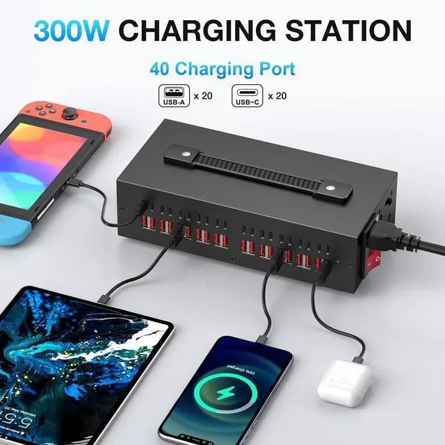 Alt view image 2 of 7 - Portable USB~C Charger Block 300W(40A) 40Port (20 USB A & 20 USB~C Port) Home USB Charging Station for Multiple Devices Desktop USB Wall Charger Compatible with iPhone iPad Kindle Tablets Watch