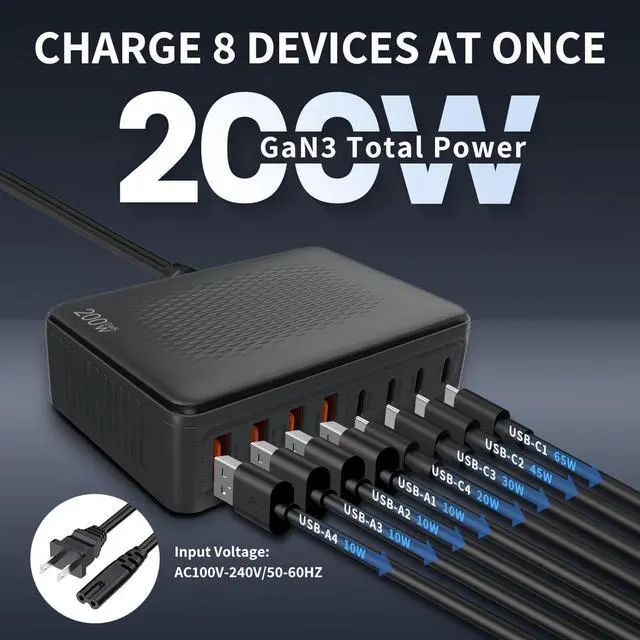 Alt view image 2 of 7 - 200W USB C Charger Block-Upgraded GaN III 8-Ports-Fast Charging Station Hub-PD 65W Fast USB C Laptop Charger Adapter Compatible with iPhone 16/15/Macbook Pro/Air/S23/ Steam Deck ect (Black)