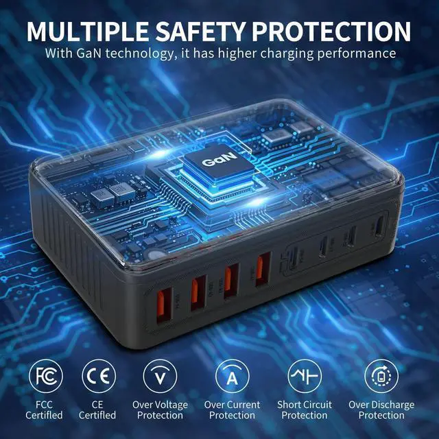 Alt view image 3 of 7 - 200W USB C Charger Block-Upgraded GaN III 8-Ports-Fast Charging Station Hub-PD 65W Fast USB C Laptop Charger Adapter Compatible with iPhone 16/15/Macbook Pro/Air/S23/ Steam Deck ect (Black)