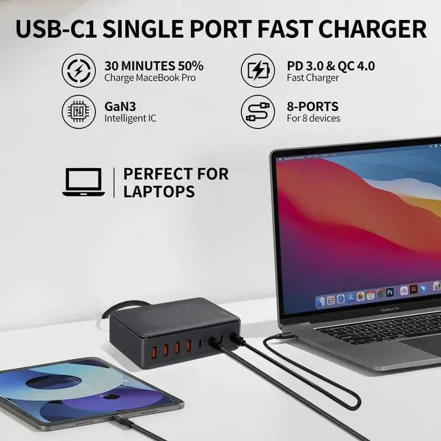 Alt view image 4 of 7 - 200W USB C Charger Block-Upgraded GaN III 8-Ports-Fast Charging Station Hub-PD 65W Fast USB C Laptop Charger Adapter Compatible with iPhone 16/15/Macbook Pro/Air/S23/ Steam Deck ect (Black)