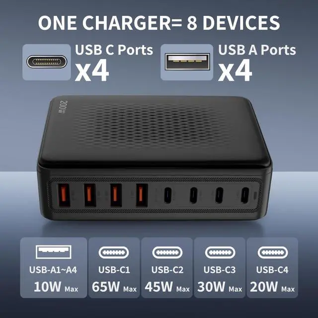 Alt view image 6 of 7 - 200W USB C Charger Block-Upgraded GaN III 8-Ports-Fast Charging Station Hub-PD 65W Fast USB C Laptop Charger Adapter Compatible with iPhone 16/15/Macbook Pro/Air/S23/ Steam Deck ect (Black)