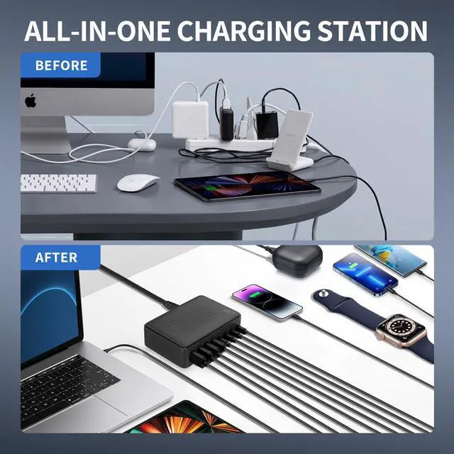 Alt view image 7 of 7 - 200W USB C Charger Block-Upgraded GaN III 8-Ports-Fast Charging Station Hub-PD 65W Fast USB C Laptop Charger Adapter Compatible with iPhone 16/15/Macbook Pro/Air/S23/ Steam Deck ect (Black)