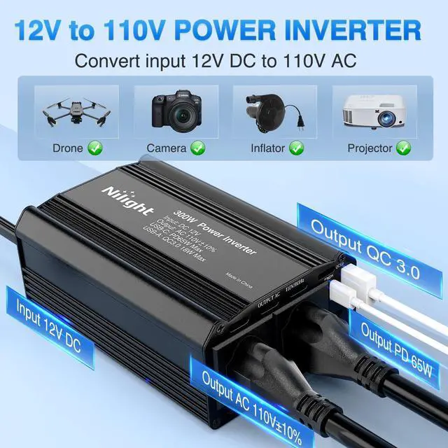 Alt view image 2 of 7 - 300W Power Inverter 12V DC to 110V AC Car Charger Converter with PD 65W USB C & QC3.0 Fast Charge for Phones Tablets Laptop Computer Game Console Kindle iPad DVD Players Black
