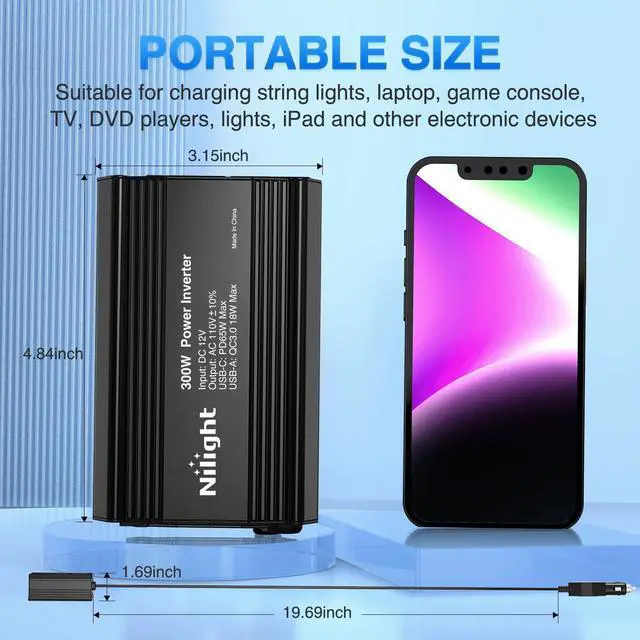 Alt view image 5 of 7 - 300W Power Inverter 12V DC to 110V AC Car Charger Converter with PD 65W USB C & QC3.0 Fast Charge for Phones Tablets Laptop Computer Game Console Kindle iPad DVD Players Black