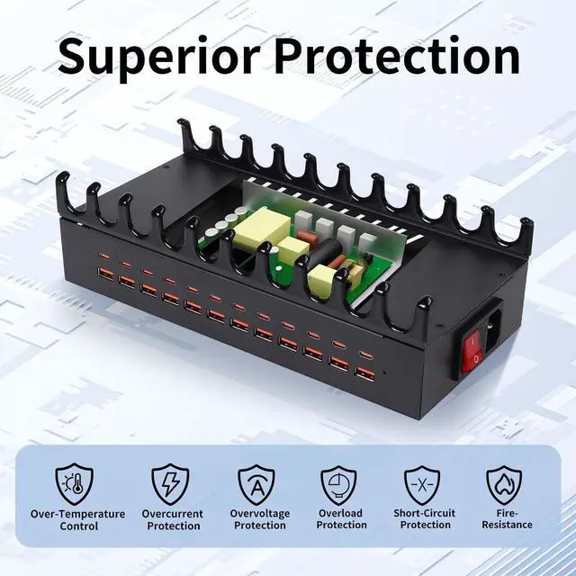 Alt view image 4 of 7 - 300W Charging Station for Multiple Devices - 24 Ports USB Fast Charging Station with Smart Power Delivery - Kindle Phone Tablet Charger Station for Home Office School