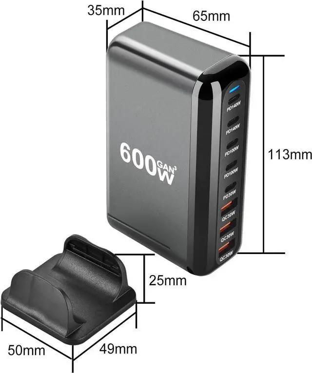 Alt view image 3 of 5 - 600W USB C Charger GaN III 3 Charger Fast USB C Charging Station 8 Ports for Smart Phones Tablet and More(Black)