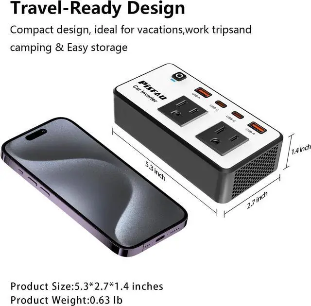 Alt view image 5 of 6 - 300W Car Power Inverter 12V to 110VDC to AC Car Plug in Adapter Outlet with Multi USB[24W USB-C] /USB-Fast Charger(24W) Car InverterCar Charger for Laptop Vehicles Road Trip Essentials