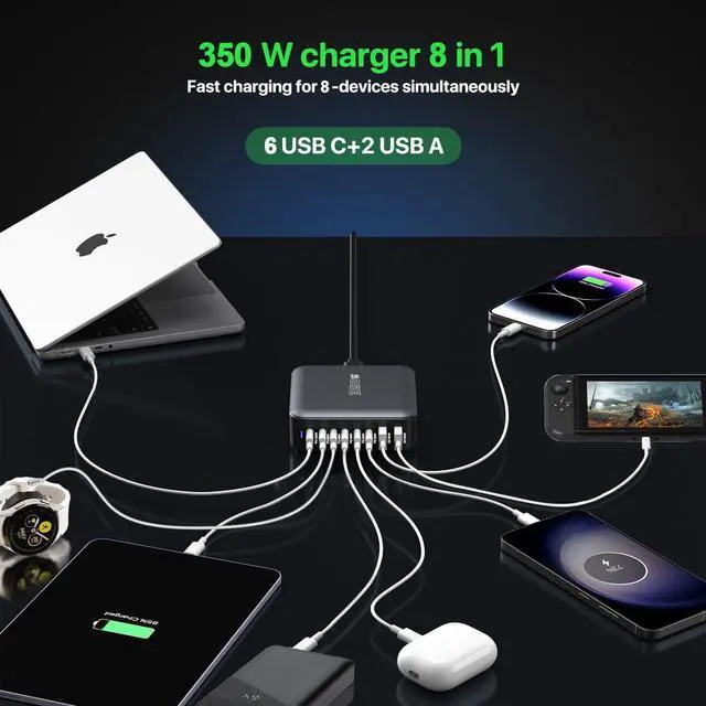 Alt view image 3 of 7 - USB C Charger Multiple 350W GaN USB C Charging Station Hub Brick 8 Port USB C Fast Charger Block USB C Power Adapter Plug for /iPhone/Google PD100W+65W Laptop Charger for MacBook Pro/Air