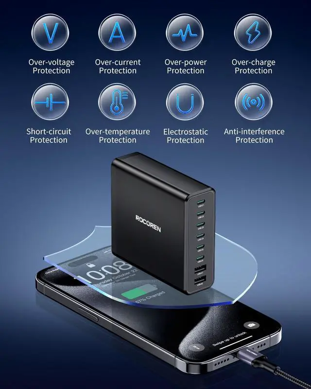 Alt view image 5 of 7 - 200W USB C Charging Station 8 Ports GaN PD3.0 & QC4.0+ 100W Laptop Charger Multiport 45W PPS USB C Desktop Wall Charger Fast Charging for MacBook Pro iPhone 16 iPad  S25 HP