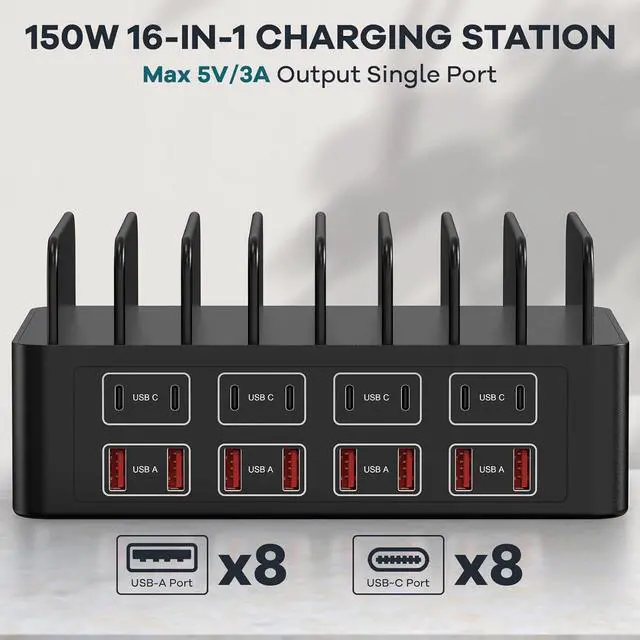 Alt view image 2 of 7 - 150W/35A Charging Station for Multiple Devices 16 Port USB~C Fast Charging Station Multiple Charger Organizer Compatible with Cell Phone iPad Kindle Tablet and Other Electronic