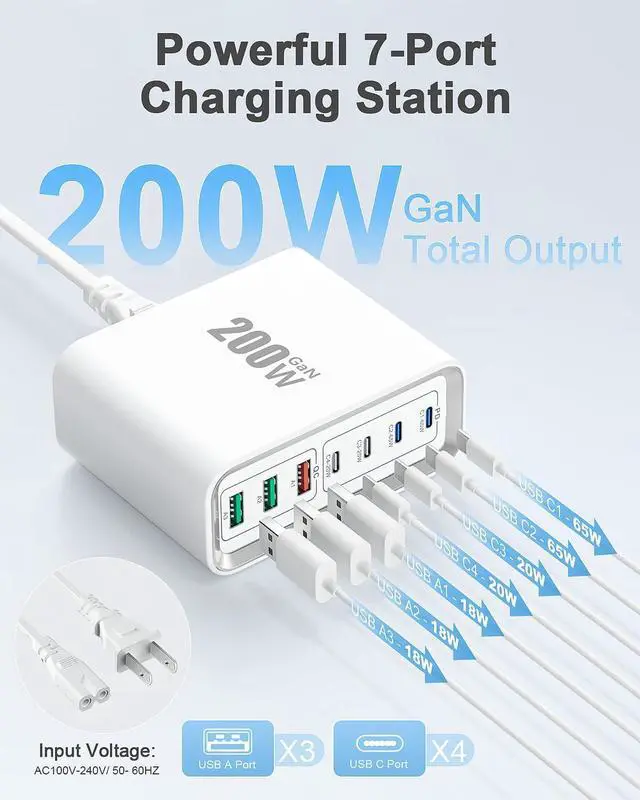 Alt view image 2 of 7 - Charging Station 200W GaN 7-Port Fast USB C Charger Block USB Hub for Multiple Devices 65W USBC Wall Charger Type C PD Adapter Cube Plug for iPhone 16 15 14 13 Pro Max Plus MacBook iPad  ?