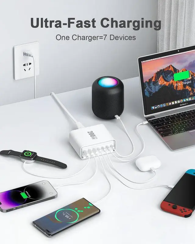 Alt view image 4 of 7 - Charging Station 200W GaN 7-Port Fast USB C Charger Block USB Hub for Multiple Devices 65W USBC Wall Charger Type C PD Adapter Cube Plug for iPhone 16 15 14 13 Pro Max Plus MacBook iPad  ?
