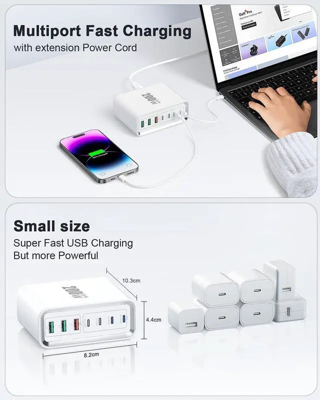 Alt view image 5 of 7 - Charging Station 200W GaN 7-Port Fast USB C Charger Block USB Hub for Multiple Devices 65W USBC Wall Charger Type C PD Adapter Cube Plug for iPhone 16 15 14 13 Pro Max Plus MacBook iPad  ?