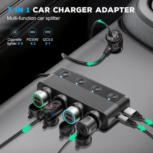 Alt view image 2 of 7 - Cigarette Lighter Splitter Car Charger 300W 4 Socket Car Plug in Outlet 12V Adapter with Dual PD 36W and QC3.0 USB C Multi Port & Independent Switch & Dust Cover & Voltmeter for All Car Devices
