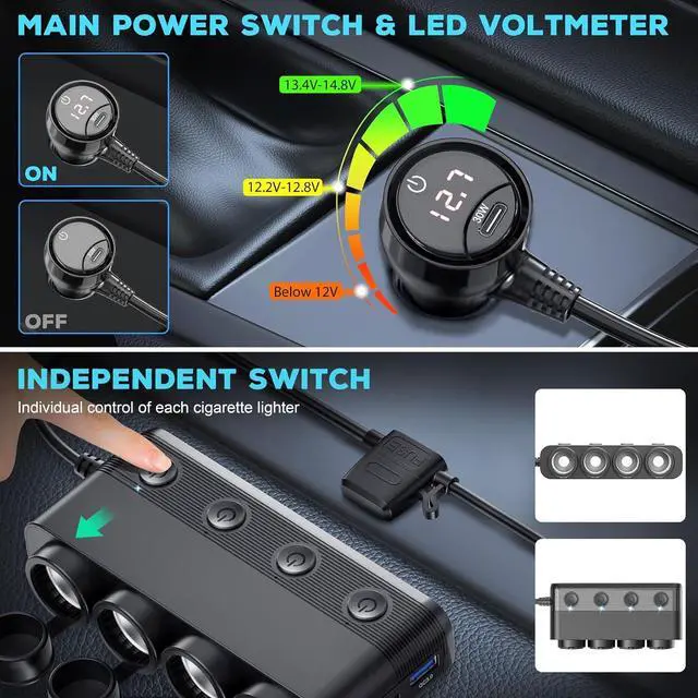 Alt view image 6 of 7 - Cigarette Lighter Splitter Car Charger 300W 4 Socket Car Plug in Outlet 12V Adapter with Dual PD 36W and QC3.0 USB C Multi Port & Independent Switch & Dust Cover & Voltmeter for All Car Devices