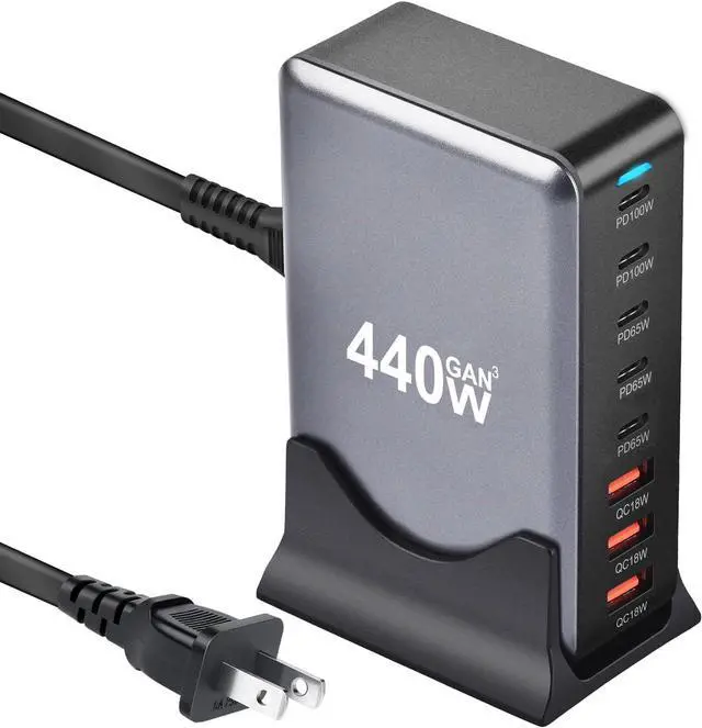 Main image of USB C Charger 440W GaN Fast Charger Block GaN III 8-Port Fast Charging Station 100W/65W AC Adapter Compatible with MacBook Pro/Air Chromebook Surface pro/go HP// Laptop iPhone Android