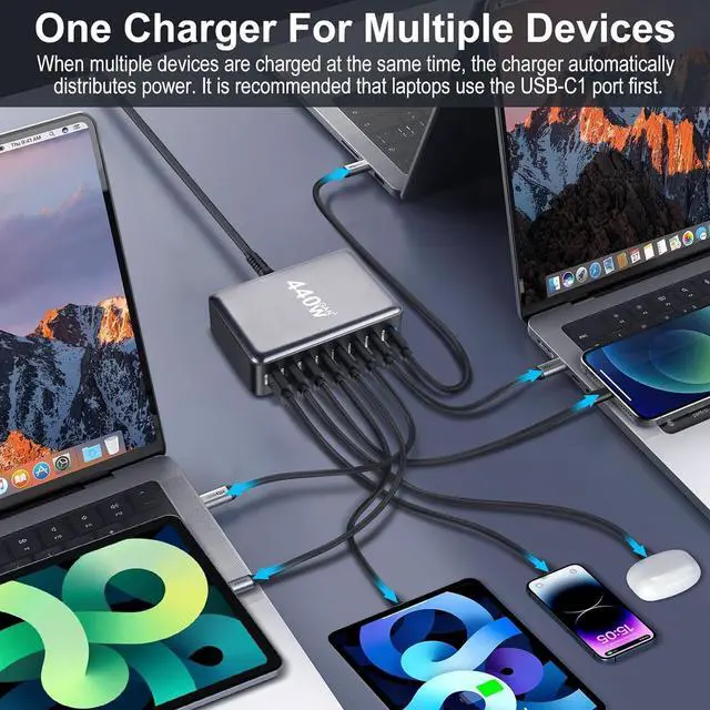 Alt view image 5 of 7 - USB C Charger 440W GaN Fast Charger Block GaN III 8-Port Fast Charging Station 100W/65W AC Adapter Compatible with MacBook Pro/Air Chromebook Surface pro/go HP// Laptop iPhone Android