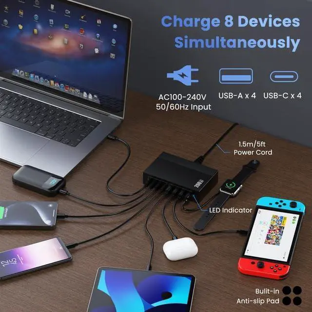 Alt view image 6 of 7 - 200W USB C Charger Block 8-in-1 GaN III USB C Charger Fast Charging Station Hub PD 65W Laptop Charger Adapter Travel Charger for MacBook Pro/Air/ XPS/iPhone 16/15/14/iPad/Galaxy S24 etc.