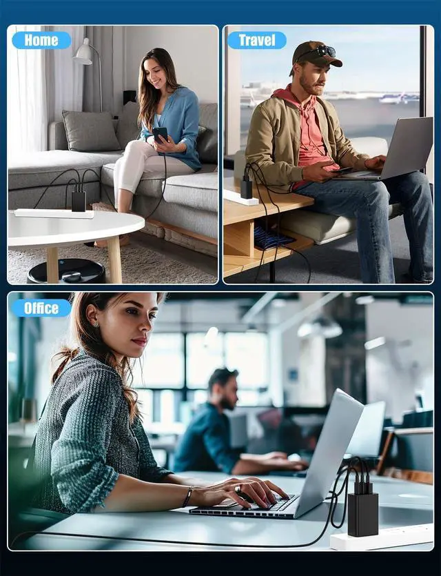 Alt view image 6 of 7 - 2Pack 100W USB C Wall Charger Block 3-Port USB C Charging Adapter Multi Super Fast Charging Power Plug Cube for MacBook Pro/Air i-Pad Pro i-Phone 17/16/15 Galaxy S25 and More-Black?