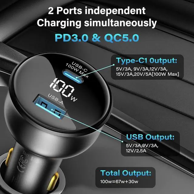 Alt view image 2 of 7 - 100W USB C Fast Car Charger with Display PD3.0+QC Type C Car Charger Adapter with 100W USB C Fast Cable Fast Charging for Laptops MacBook Pro iPad iPhone 16/15/Pro Max Galaxy S24/S23 Ultra Etc.