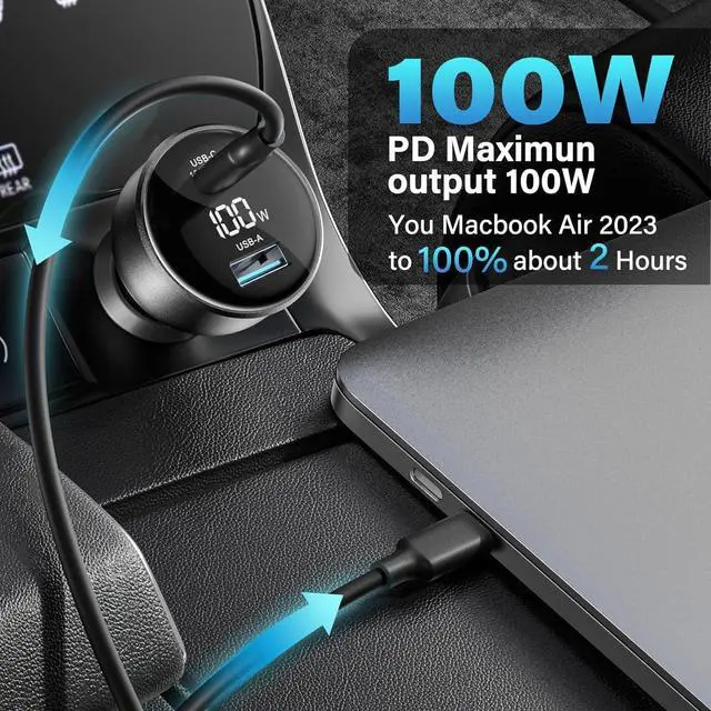 Alt view image 3 of 7 - 100W USB C Fast Car Charger with Display PD3.0+QC Type C Car Charger Adapter with 100W USB C Fast Cable Fast Charging for Laptops MacBook Pro iPad iPhone 16/15/Pro Max Galaxy S24/S23 Ultra Etc.