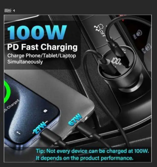 Alt view image 4 of 7 - 100W USB C Fast Car Charger with Display PD3.0+QC Type C Car Charger Adapter with 100W USB C Fast Cable Fast Charging for Laptops MacBook Pro iPad iPhone 16/15/Pro Max Galaxy S24/S23 Ultra Etc.