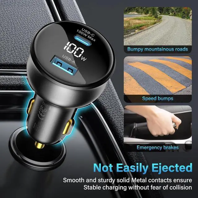 Alt view image 5 of 7 - 100W USB C Fast Car Charger with Display PD3.0+QC Type C Car Charger Adapter with 100W USB C Fast Cable Fast Charging for Laptops MacBook Pro iPad iPhone 16/15/Pro Max Galaxy S24/S23 Ultra Etc.