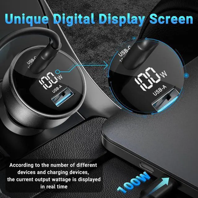 Alt view image 6 of 7 - 100W USB C Fast Car Charger with Display PD3.0+QC Type C Car Charger Adapter with 100W USB C Fast Cable Fast Charging for Laptops MacBook Pro iPad iPhone 16/15/Pro Max Galaxy S24/S23 Ultra Etc.