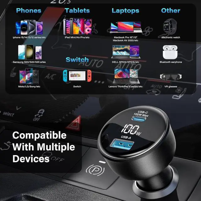 Alt view image 7 of 7 - 100W USB C Fast Car Charger with Display PD3.0+QC Type C Car Charger Adapter with 100W USB C Fast Cable Fast Charging for Laptops MacBook Pro iPad iPhone 16/15/Pro Max Galaxy S24/S23 Ultra Etc.