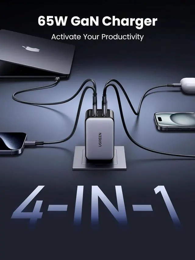 Alt view image 3 of 7 - 65W USB C Charger Block - Nexode 4-Port GaN Charger Type C Fast Charging for MacBook Pro/Air iPhone iPad Pro Galaxy S24/S23 Pixel 8 Steam Deck