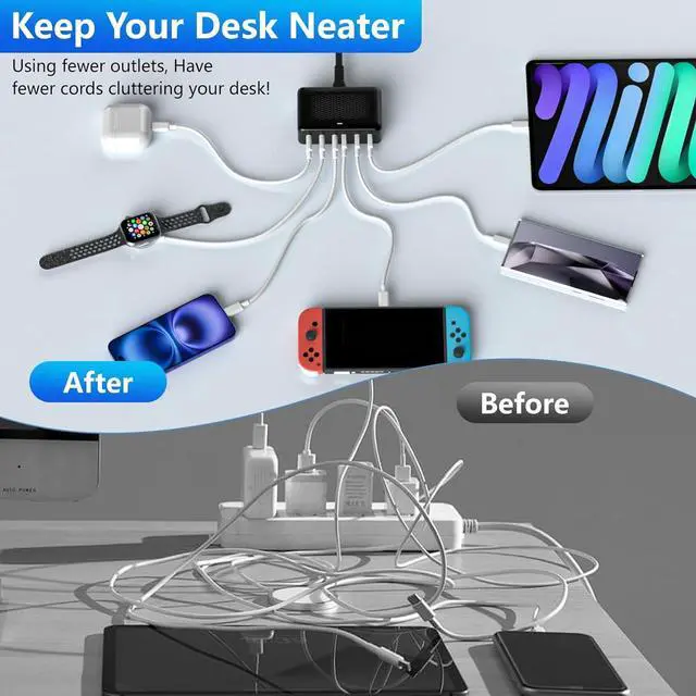 Alt view image 4 of 7 - 100W 6 Port USB C Fast Charger Block Charging Station Hub for Multiple Devices Wall Charger Power Strip Adapter Plug Cube for All iPhone iPad  iWatch Android Pixel Series