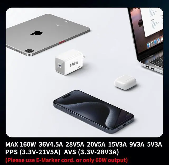 Alt view image 6 of 6 - Mac Book Pro Charger - 160W Compact USB C Charger Fast Charger Compatible with MacBook pro/Air ipad Pro  Galaxy Note and All USB C Device Include 7FT Braided Charge Cable