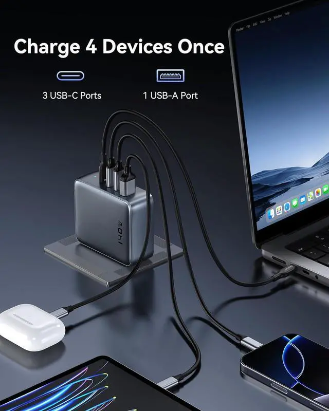 Alt view image 3 of 7 - USB C Charger Block 140W 4 Ports GaN Charger USB C Fast Charging Station Foldable Compact Wall Charger Power Adapter for MacBook Pro iPhone 16/15 iPad Galaxy Steam Deck Google Pixelbook
