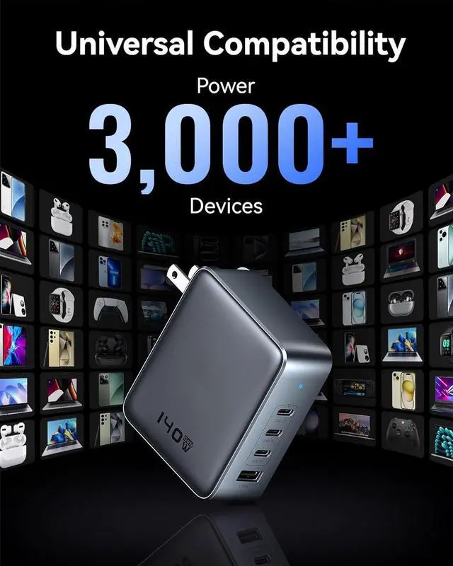 Alt view image 7 of 7 - USB C Charger Block 140W 4 Ports GaN Charger USB C Fast Charging Station Foldable Compact Wall Charger Power Adapter for MacBook Pro iPhone 16/15 iPad Galaxy Steam Deck Google Pixelbook