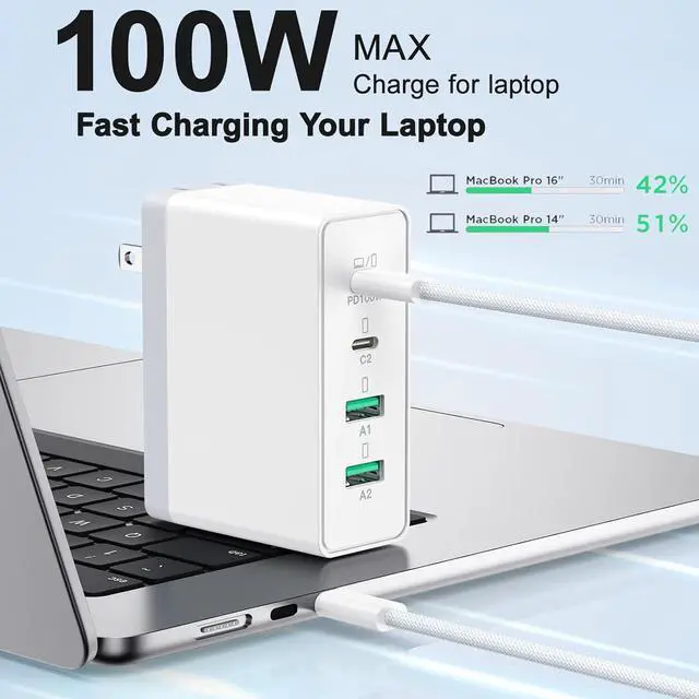 Alt view image 3 of 7 - USB C Charger Block 140W 4-Port Fast Charger Charging Station with 6ft Cable Foldable Wall Charger PD 100W USB C Laptop Charger Adapter for MacBook Pro/Air/iPad Pro/iPhone 16/15/14/13 Galaxy