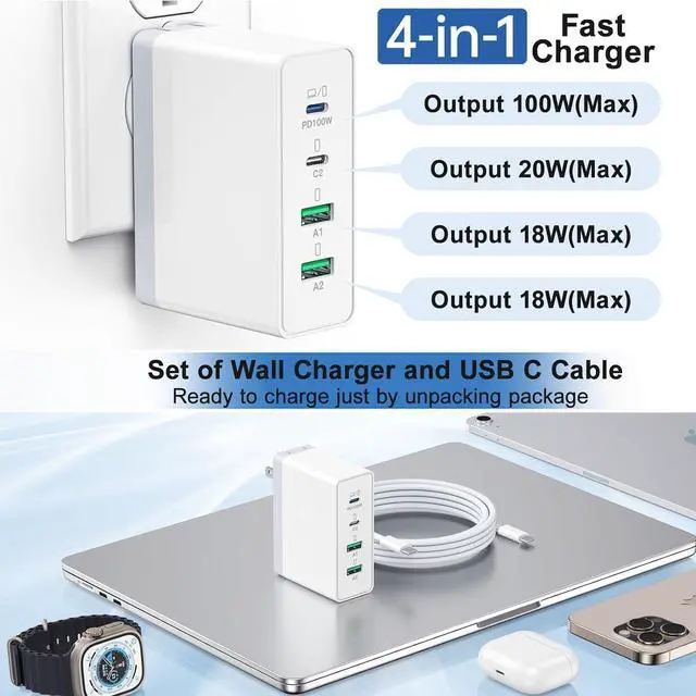 Alt view image 4 of 7 - USB C Charger Block 140W 4-Port Fast Charger Charging Station with 6ft Cable Foldable Wall Charger PD 100W USB C Laptop Charger Adapter for MacBook Pro/Air/iPad Pro/iPhone 16/15/14/13 Galaxy