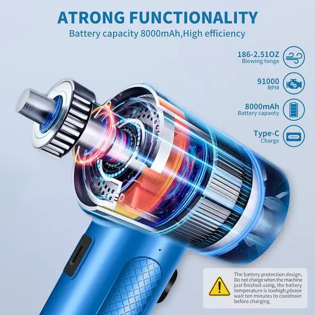 Alt view image 4 of 6 - Electric Compressed Air Duster 3-Speed 91000RPM 8000mAh Rechargeable 14-in-1 Kit with LED for Computers Keyboards Cars & More