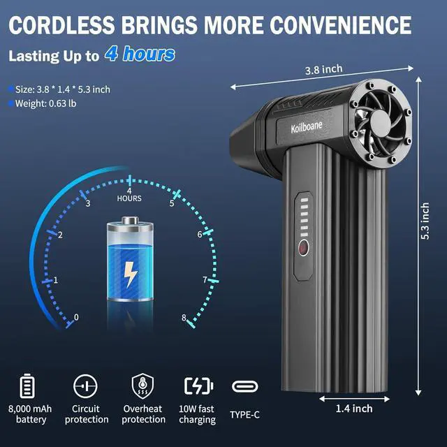 Alt view image 4 of 7 - Compressed-Air-Duster Brushless Electric Air Blower Mini Powerful Cordless Rechargeable 8000mAh Battery Jet Dry Portable Jet Turbo Fan Dust Snow Blower for Cleaning Car/Keyboard/PC/Home