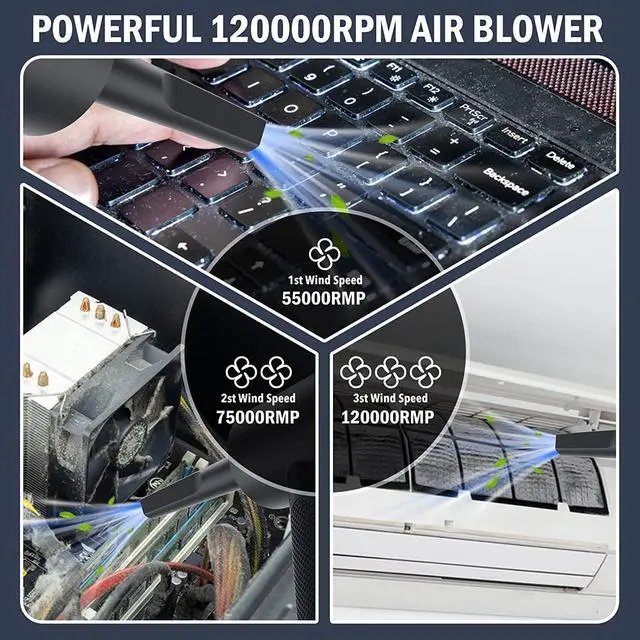 Alt view image 2 of 6 - Compressed air Duster - 120000RPM 3 Speeds Electric Air Duster 7600mAh Battery Cordless Dust Blower for Keyboard Cleaner Rechargeable Air Blower AIC Can for Office Computers (Black 120000RPM)
