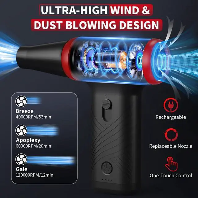 Alt view image 5 of 7 - Compressed Air Duster 1 Button Adjustment 120000RPM Electric Air Duster with LED Light Rechargeable Cordless Air Blower for Computer Keyboard Outdoors Car Home (Black)