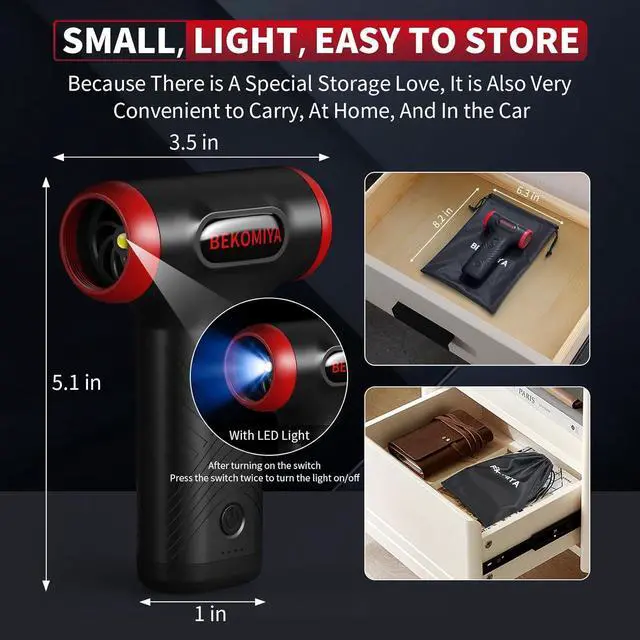 Alt view image 6 of 7 - Compressed Air Duster 1 Button Adjustment 120000RPM Electric Air Duster with LED Light Rechargeable Cordless Air Blower for Computer Keyboard Outdoors Car Home (Black)