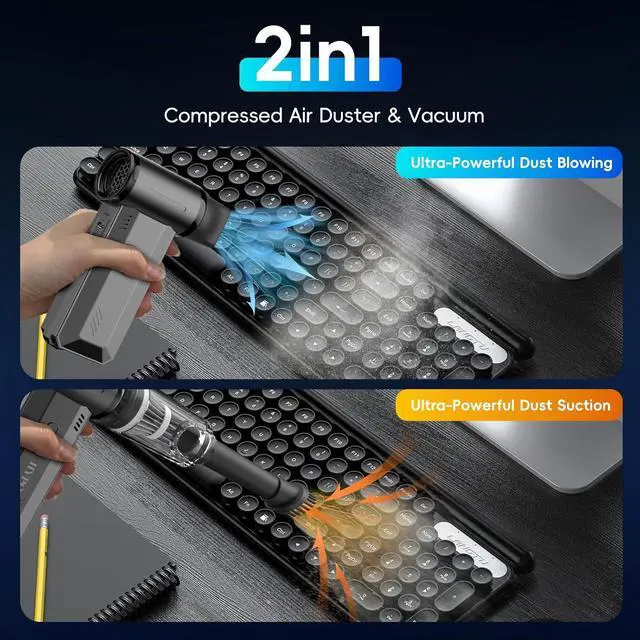 Alt view image 3 of 7 - Compressed Air Duster 2 in 1 Air Blower and Vacuum 130000RPM Electirc Turbo Jet Blower + Vacuum Cleaner Adjustable Speeds Rechargeable Long-Life Air Blower Duster for Computer Keyboard Car