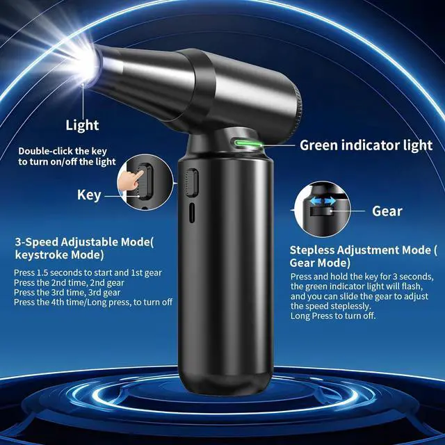 Alt view image 6 of 7 - Compressed Air Duster - Aluminum Alloy Shell 300 000RPM High-Speed Cordless Electric Air Duster | 3-Gear Adjustable with LED Flashlight & Brushless Motor | Dust Blower for Keyboard PC Car and Home