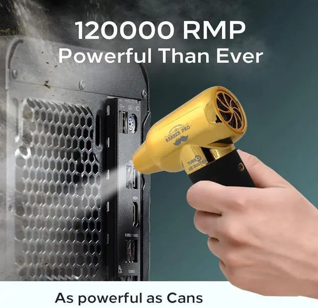 Alt view image 4 of 7 - Compressed Air Duster - Electric Duster for Hair Barber 3 Gear Mini Portable Jet Dry Air Blower Cordless Vacuum Cleaner for PC Office Salon Fan Laptop Keyboard Car -Black Gold