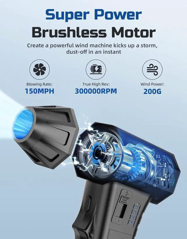 Alt view image 2 of 7 - Compressed Air Duster -300000RPM Air Blower Gun Replace Dust Off Canned Air Spray 8000mAh Battery Keyboard Cleaner Electronic Cleaning Kit Mini Turbo Jet Dry Blower for PC/Computer/Blaster