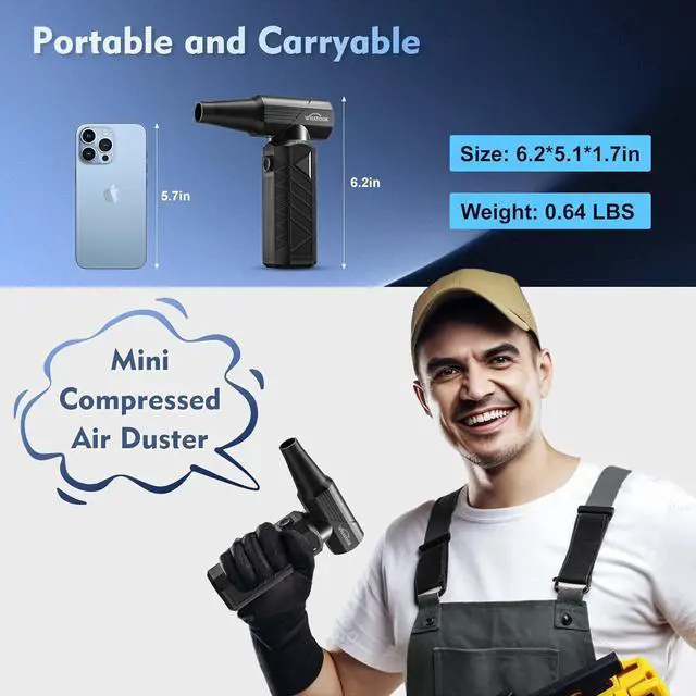 Alt view image 7 of 7 - Compressed Air Duster: 180000RPM Air Blower with Stepless Speed Regulation Mode Electric Air Duster with Brushless Motor Air Duster for Keyboard Computer Car and Home CleaningBlack