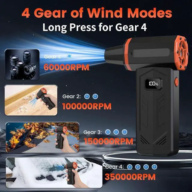 Alt view image 2 of 7 - Compressed Air Duster 350 000RPM Turbo Jet Blower with LED Display and Light 4-Gear Adjustable Mini Air Broom Electric Air Duster for Keyboard PC Car and Home Replace Compressed Air Can (Orange)