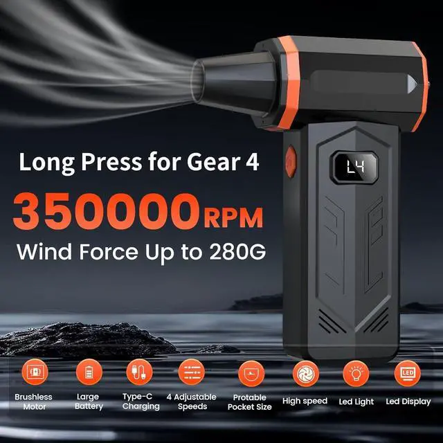 Alt view image 3 of 7 - Compressed Air Duster 350 000RPM Turbo Jet Blower with LED Display and Light 4-Gear Adjustable Mini Air Broom Electric Air Duster for Keyboard PC Car and Home Replace Compressed Air Can (Orange)