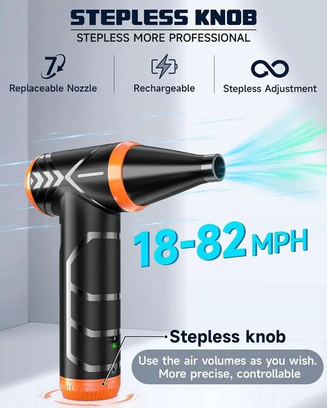 Alt view image 2 of 7 - Compressed Air Duster 150000RPM Stepless Speed Tiny Electric Cleaner for Keyboard PC Deep Cleaning Replace Compressed Air Can-No Canned Air Duster Rechargeable Air Blower - Vibrant Orange